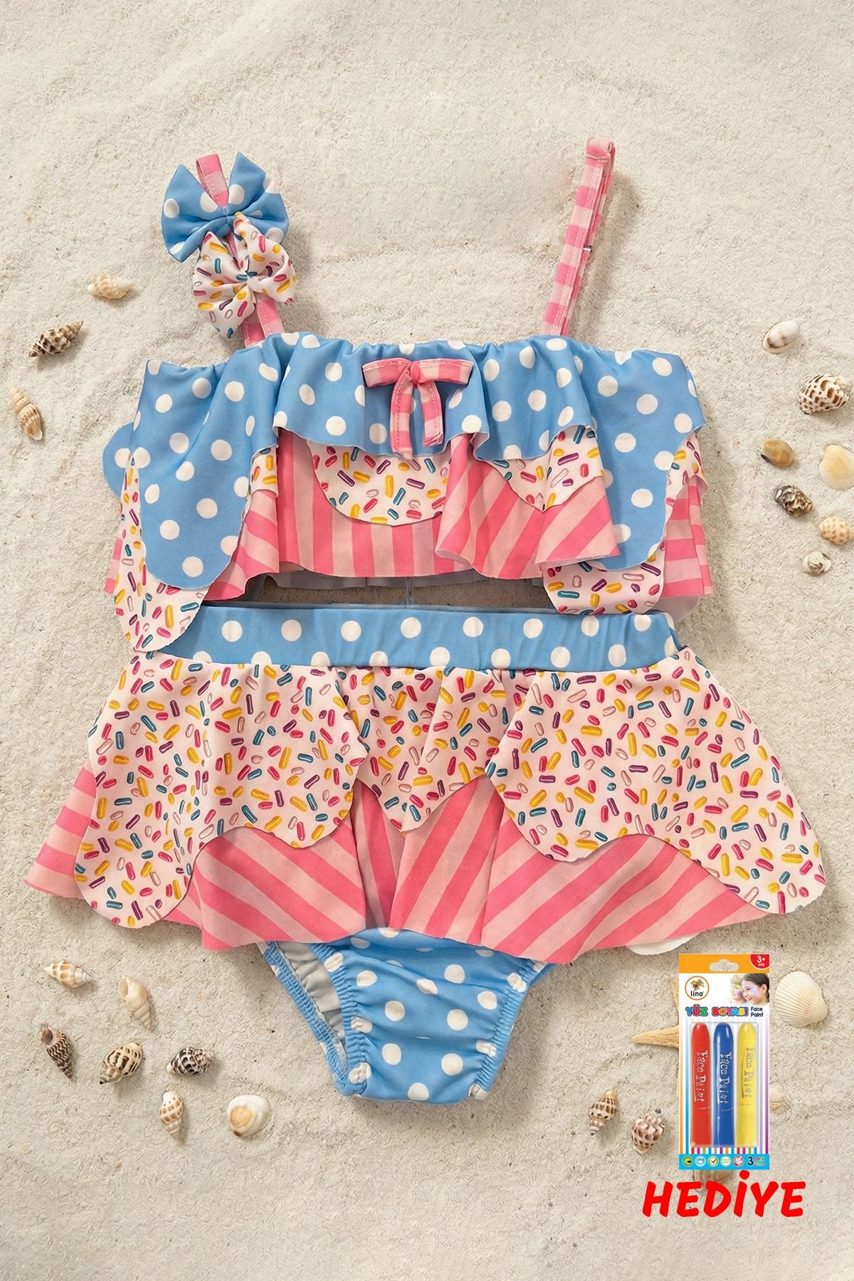 Fırfırlı Kız Çocuk Renkli Şeker Desenli Bikini Takımı