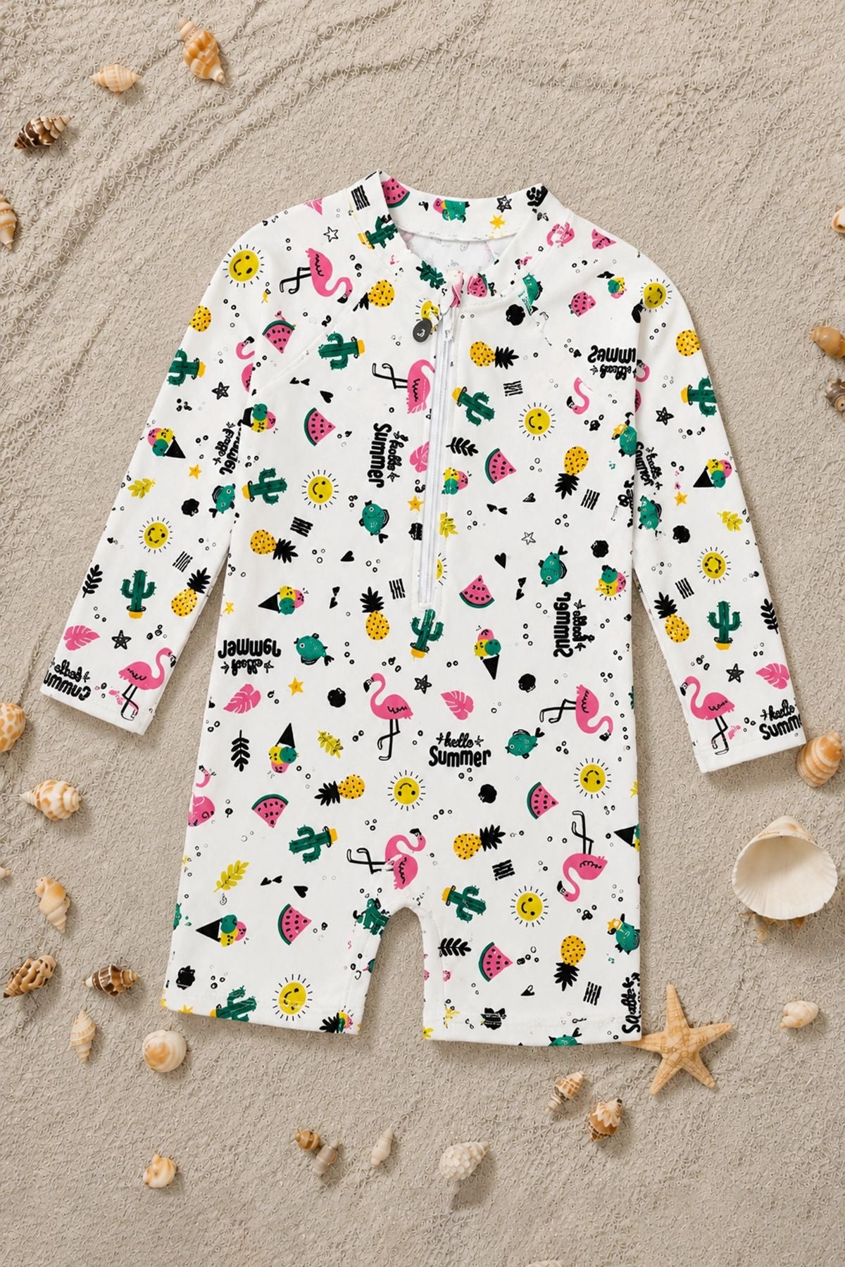 Flamingo Desenli Uzun Kollu Kız Bebek Fermuarlı Tulum Mayo