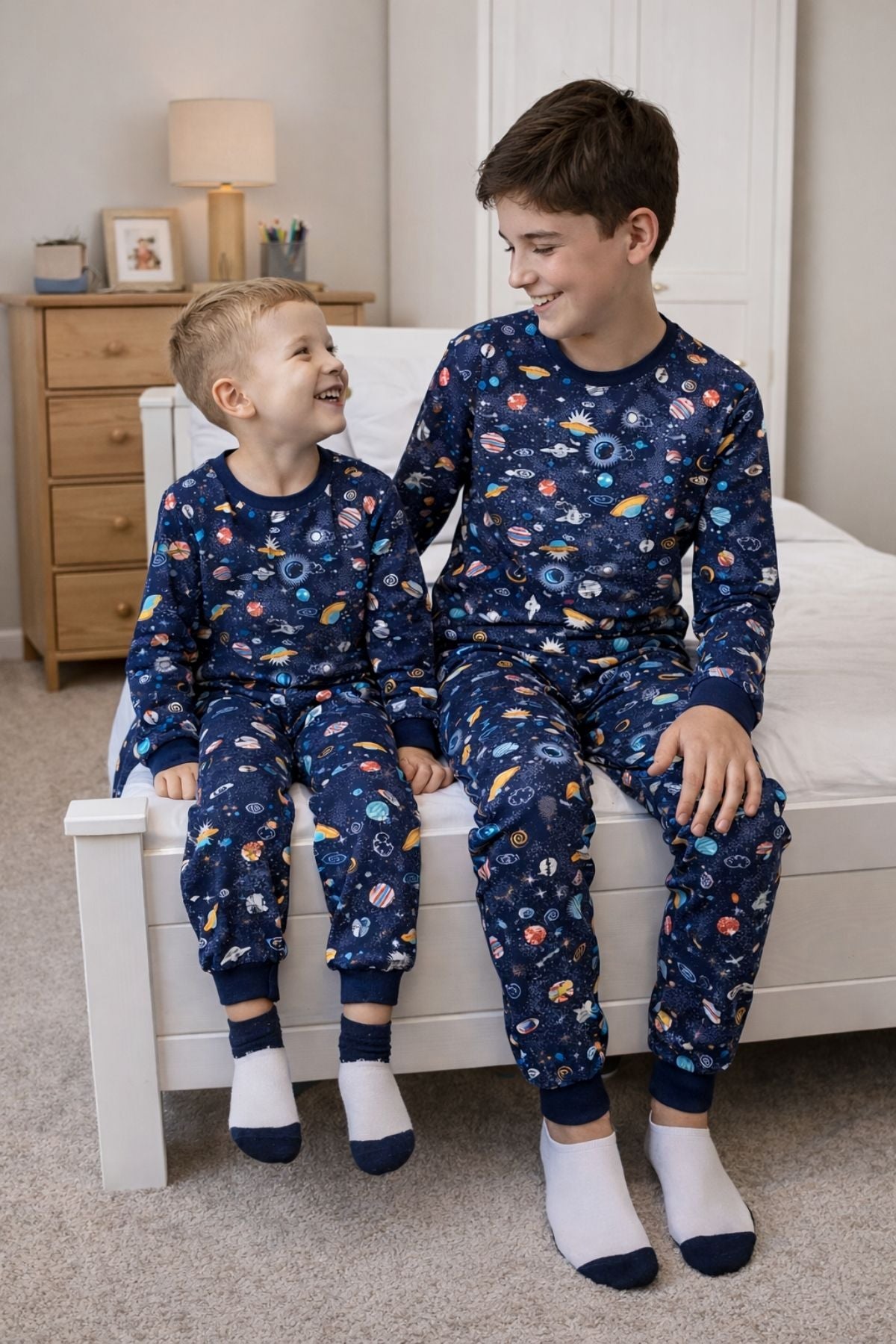 Gezegen Desenli %100 Pamuk Lacivert Çocuk Pijama Takımı