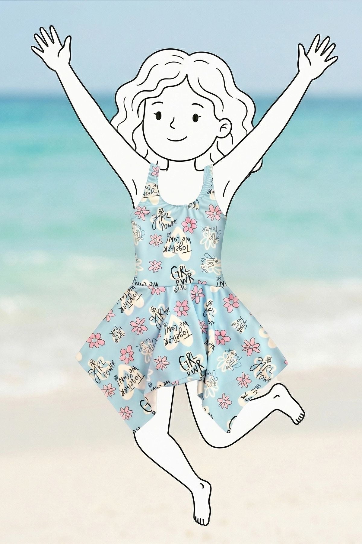 Girl Power Çiçek Desenli Kız Çocuk Mavi Elbise Mayo