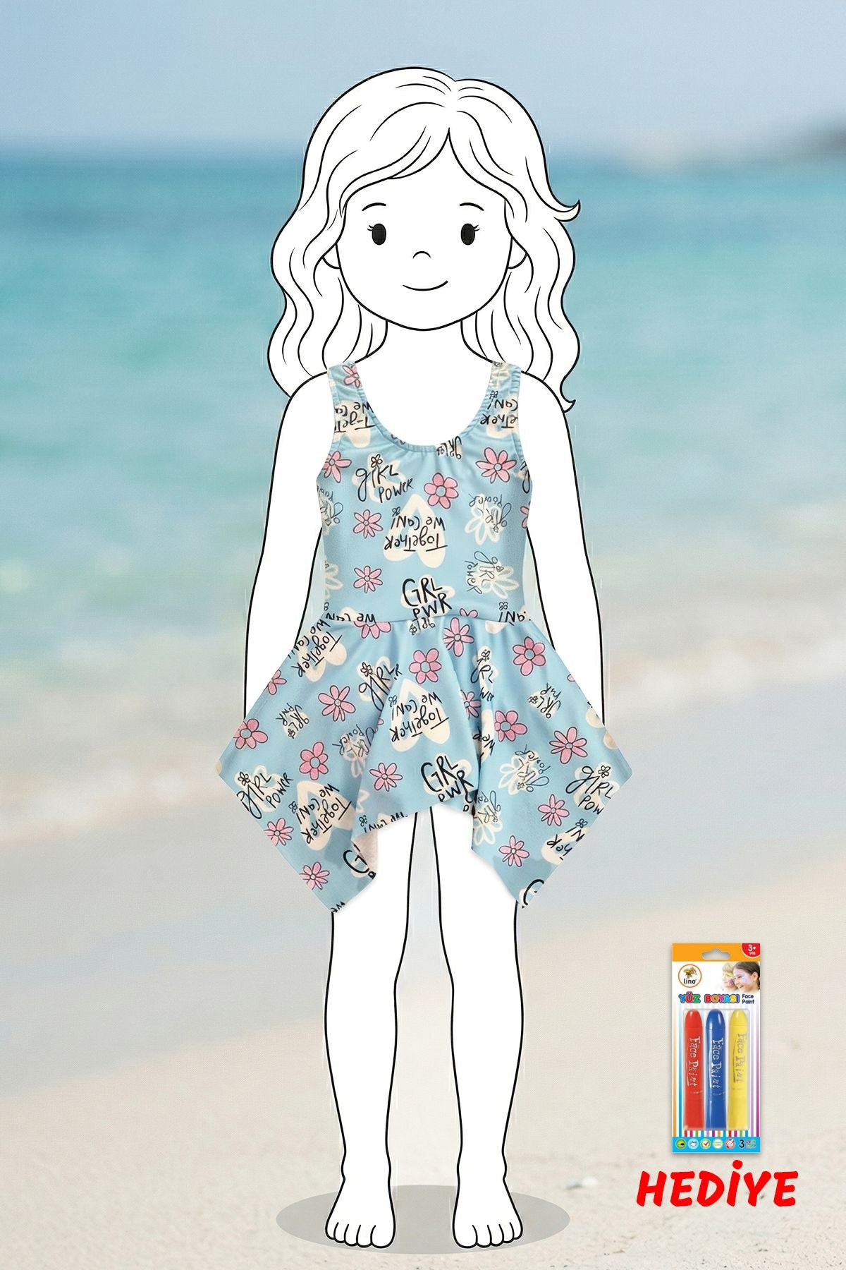 Girl Power Çiçek Desenli Kız Çocuk Mayo Elbise