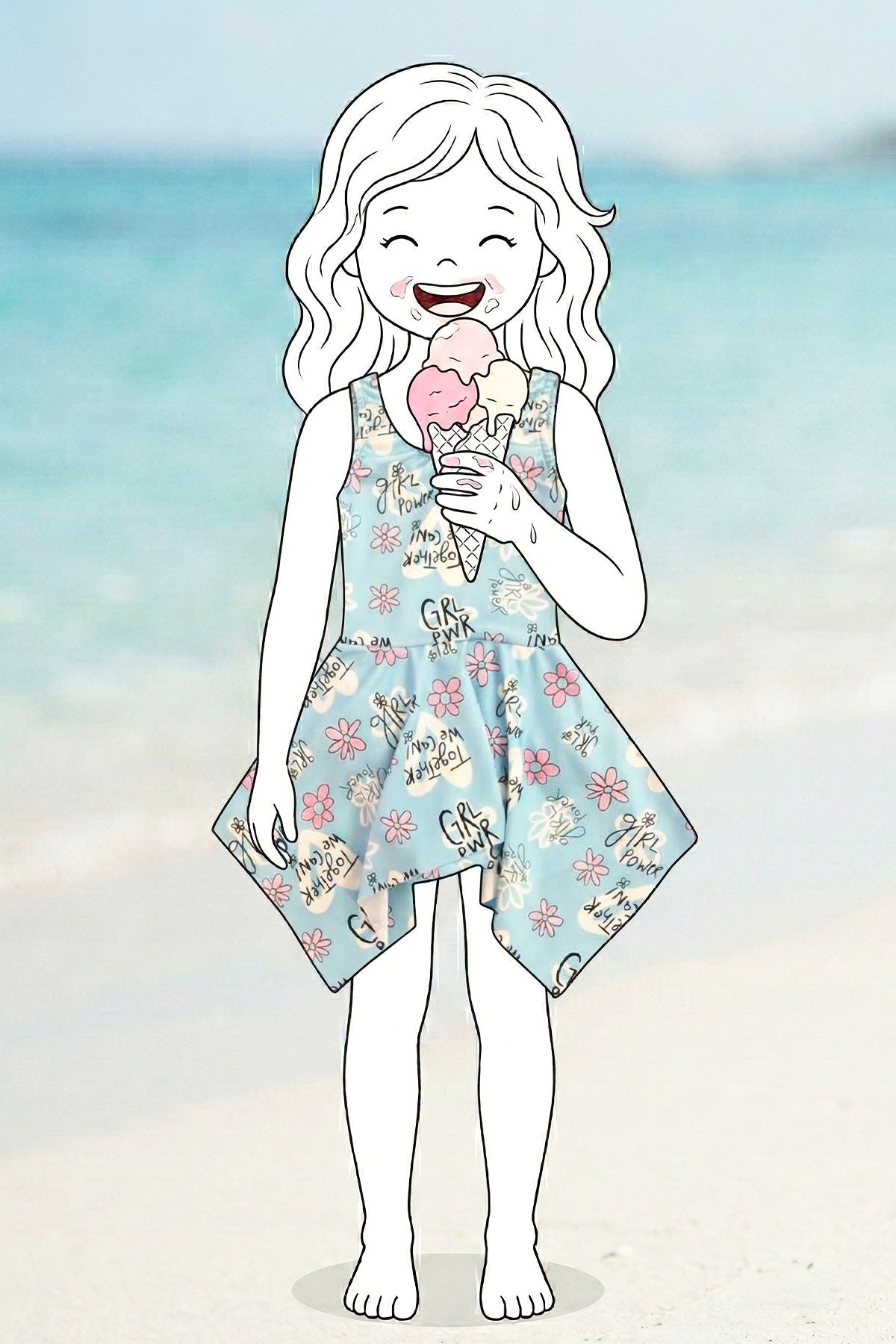 Girl Power Çiçek Desenli Kız Çocuk Mayo Elbise