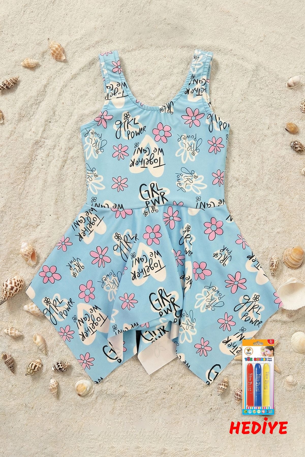 Girl Power Çiçek Desenli Kız Çocuk Mayo Elbise