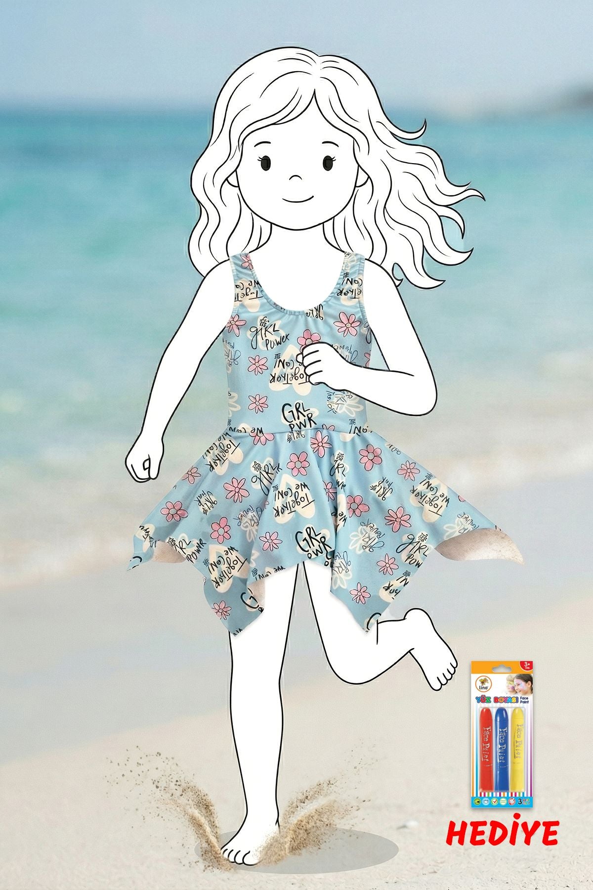 Girl Power Çiçek Desenli Kız Çocuk Mayo Elbise