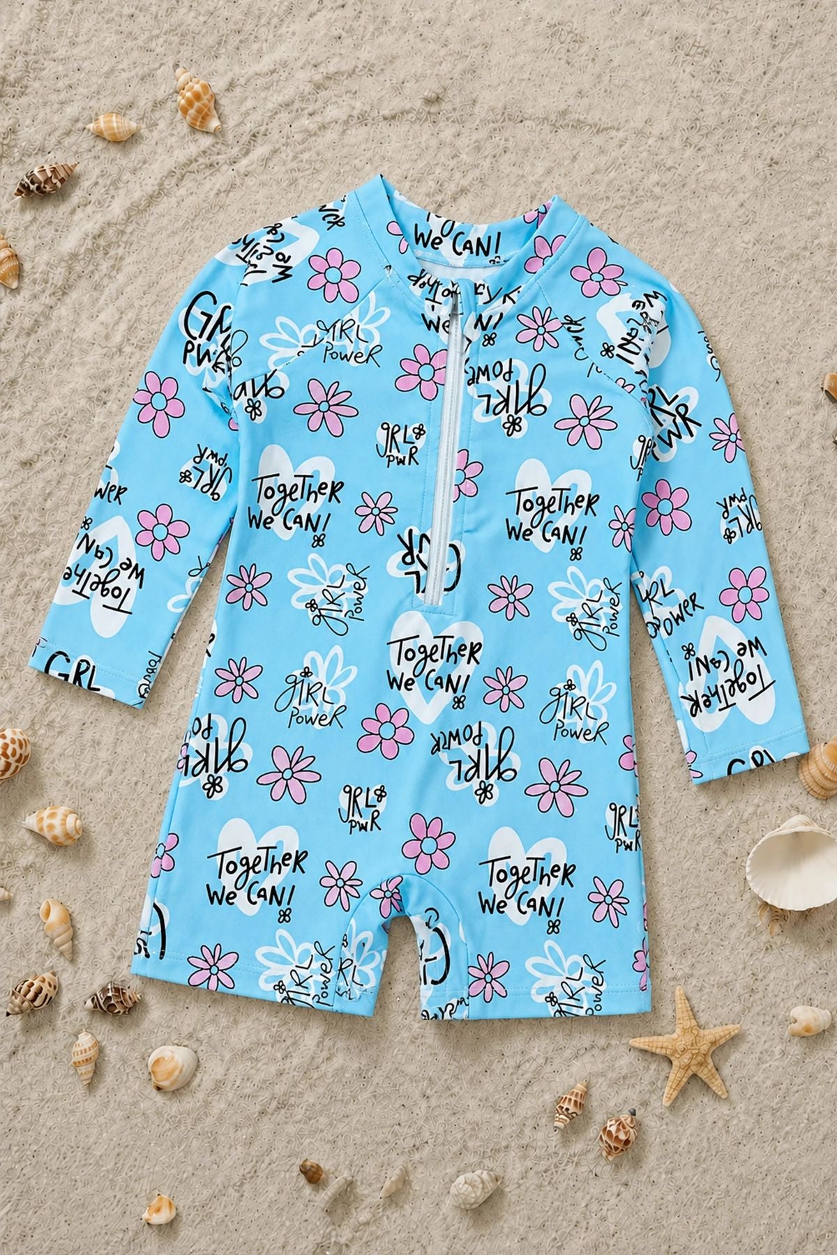 Girl Power Fermuarlı Uzun Kollu Kız Bebek Tulum Mayo