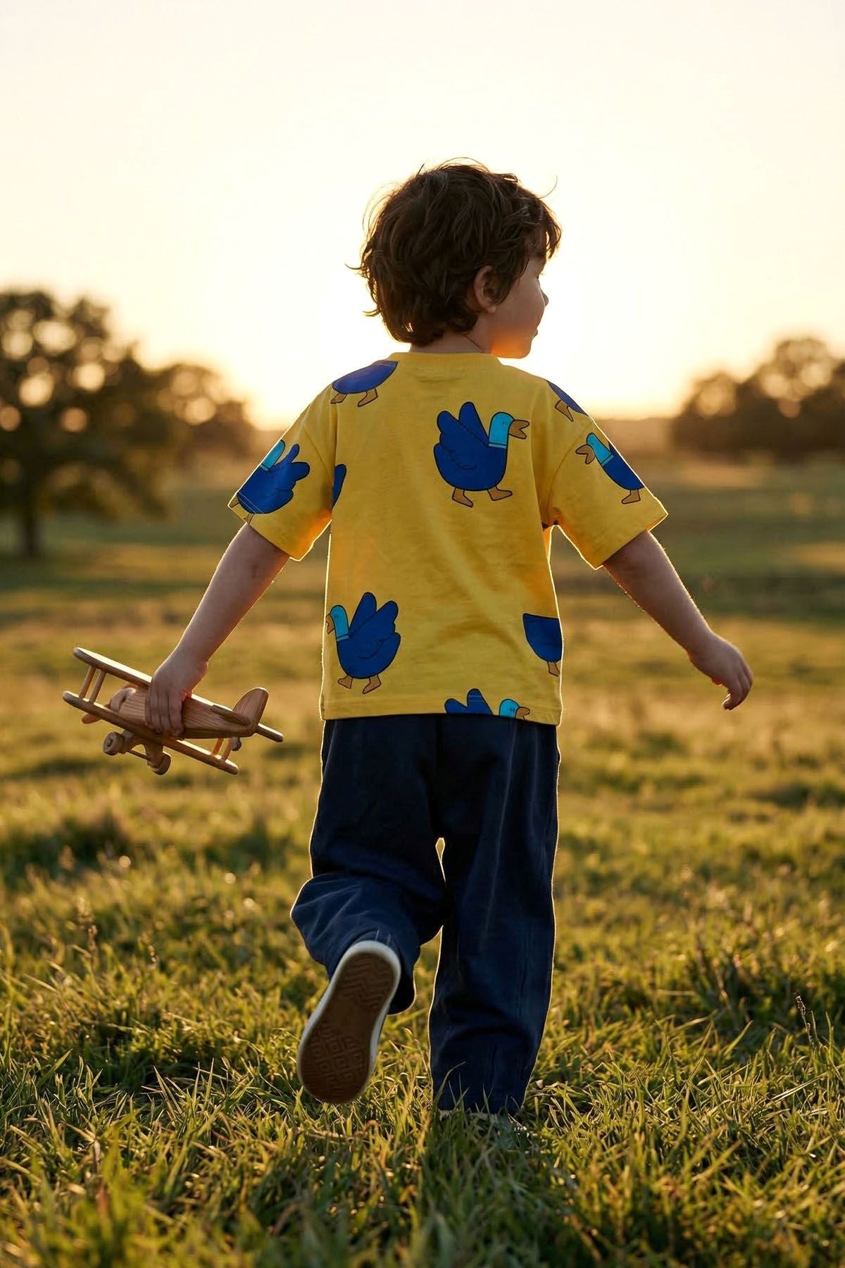 Happy Duck Baskılı Erkek Çocuk ALT - ÜST Takım %100 Pamuk Sarı Lacivert