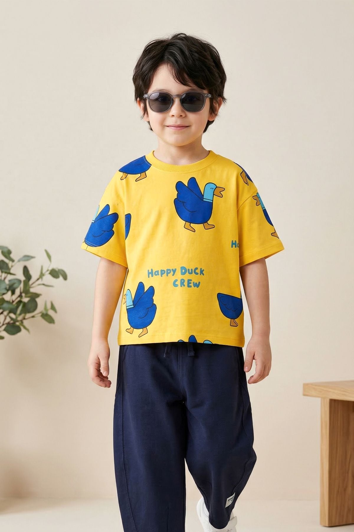 Happy Duck Baskılı Erkek Çocuk ALT - ÜST Takım %100 Pamuk Sarı Lacivert