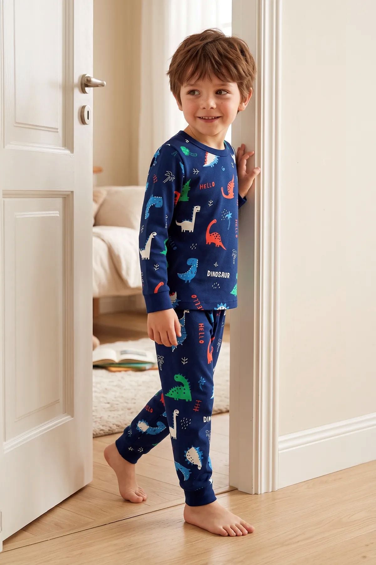 Hello Dino Desenli Uzun Kollu Erkek Çocuk İnterlok Pijama Takımı