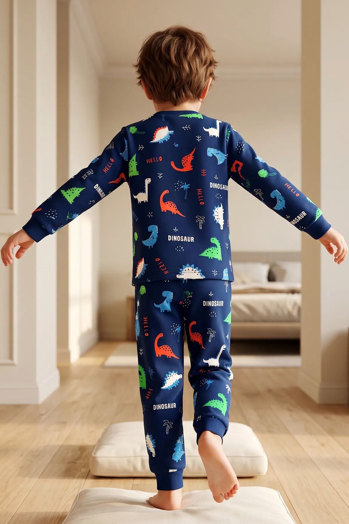 Hello Dino Desenli Uzun Kollu Erkek Çocuk İnterlok Pijama Takımı