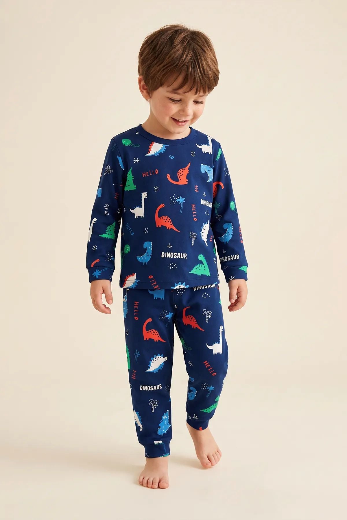 Hello Dino Desenli Uzun Kollu Erkek Çocuk İnterlok Pijama Takımı