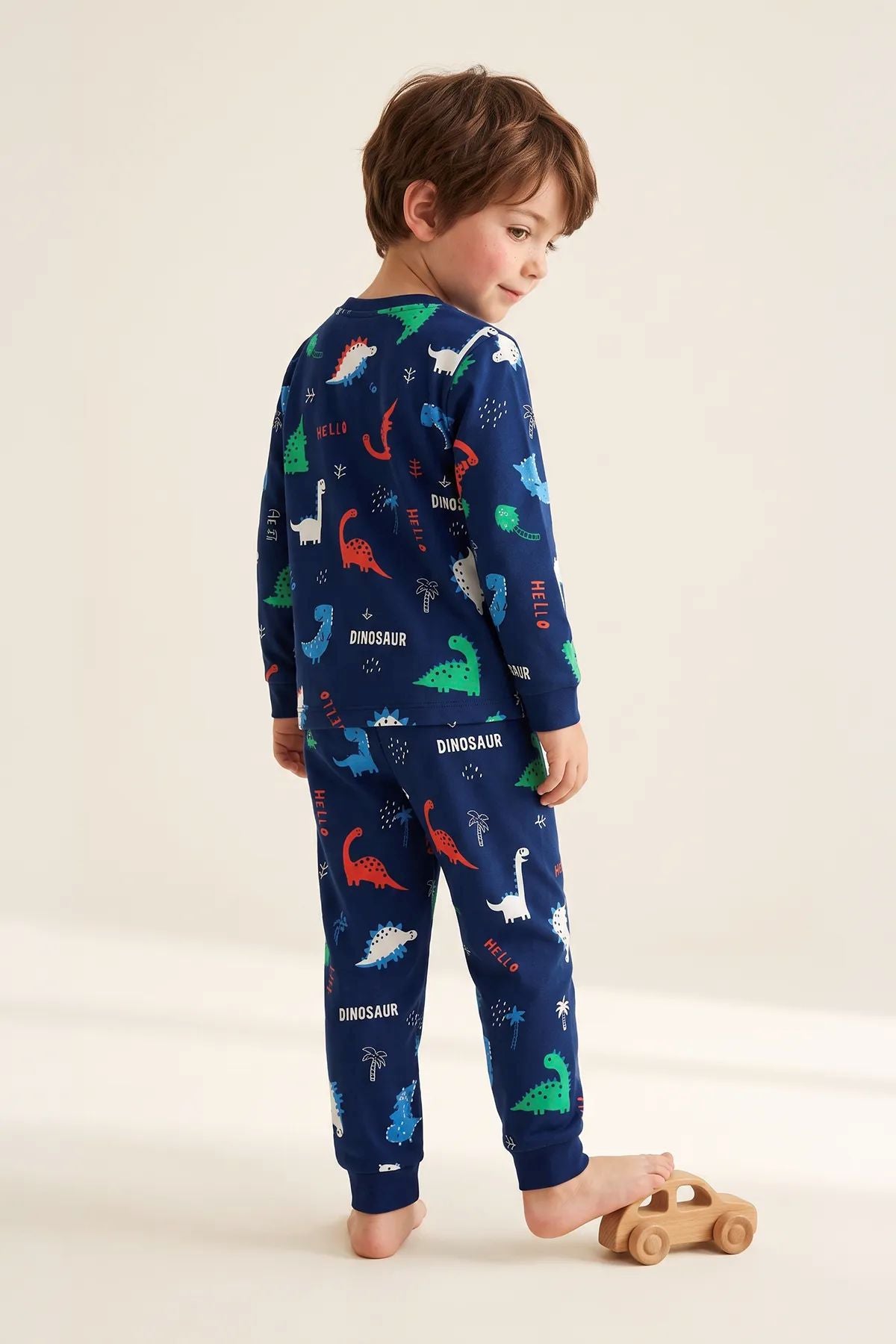 Hello Dino Desenli Uzun Kollu Erkek Çocuk İnterlok Pijama Takımı