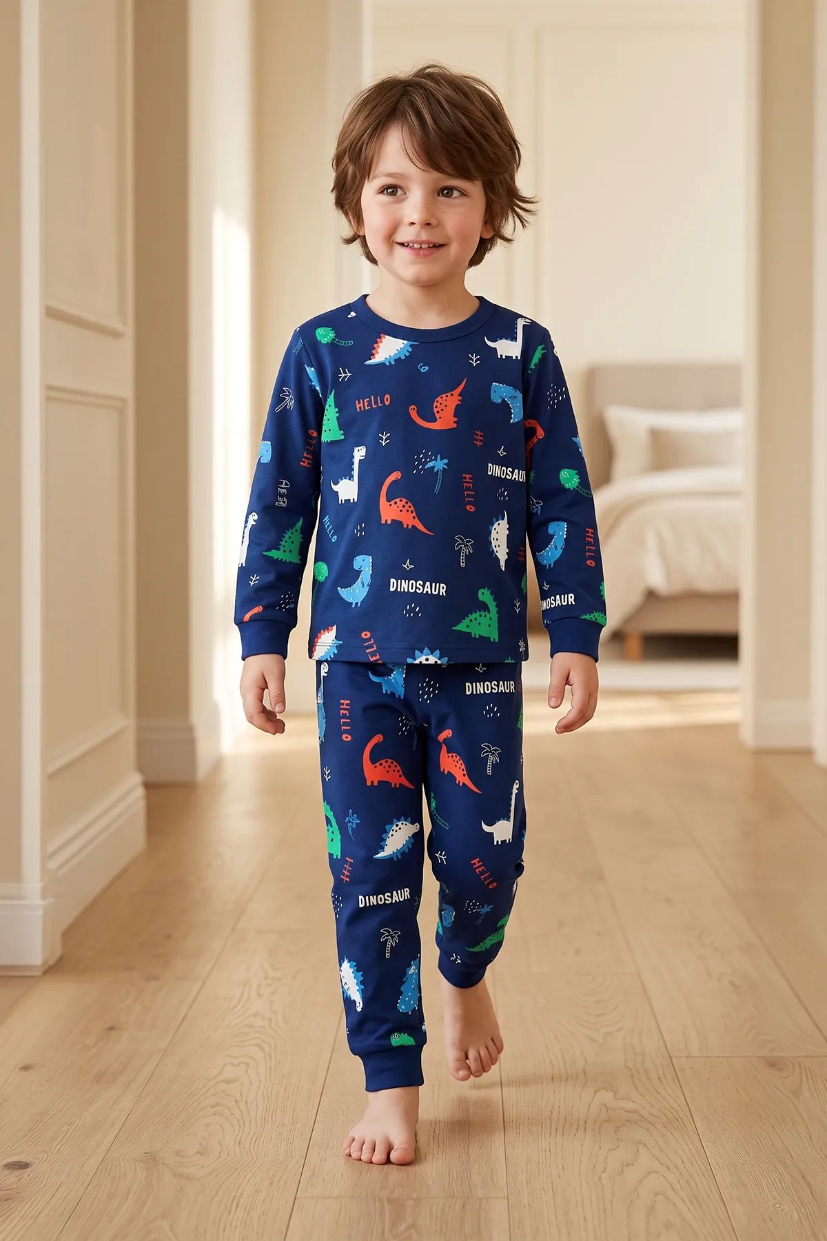 Hello Dino Desenli Uzun Kollu Erkek Çocuk İnterlok Pijama Takımı