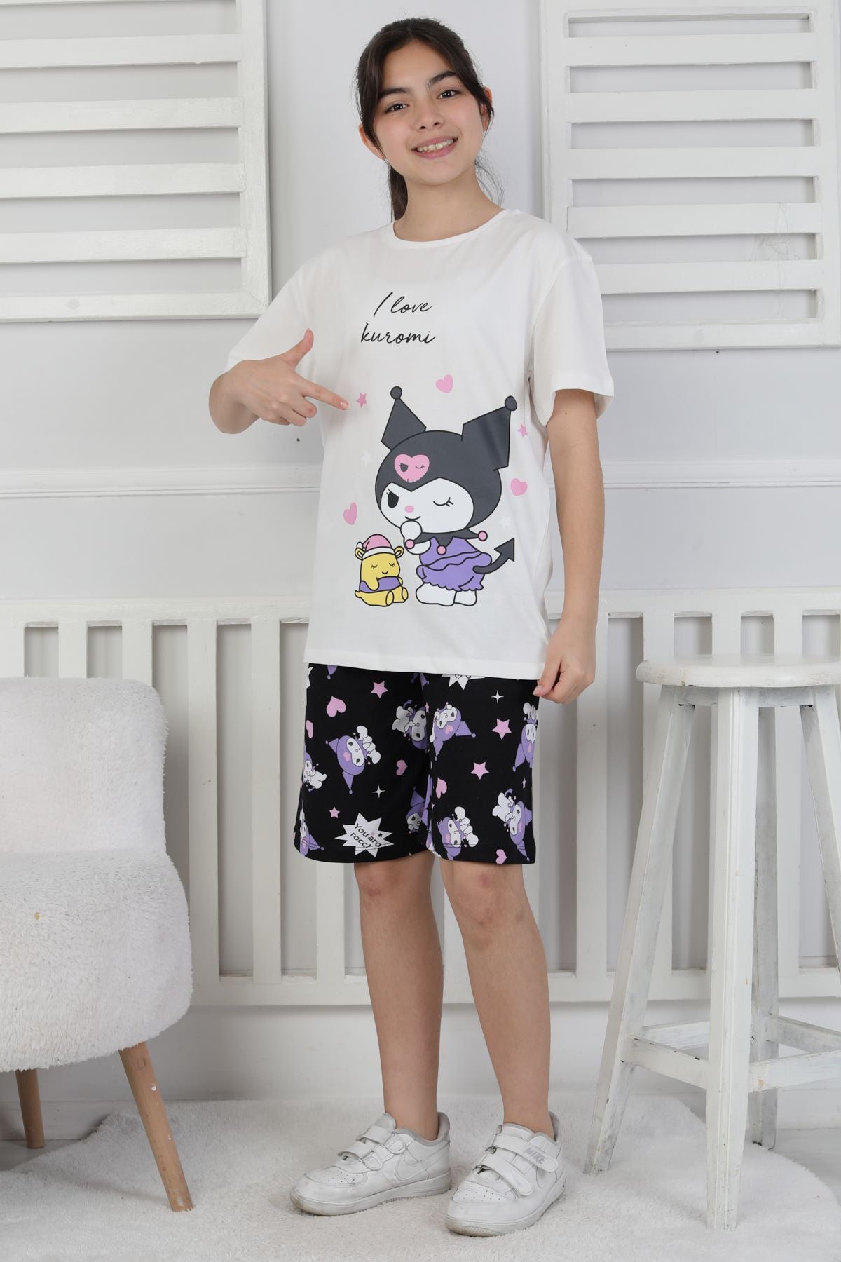 I Love Kuromi Baskılı Kısa Kollu Şort Pijama Takımı