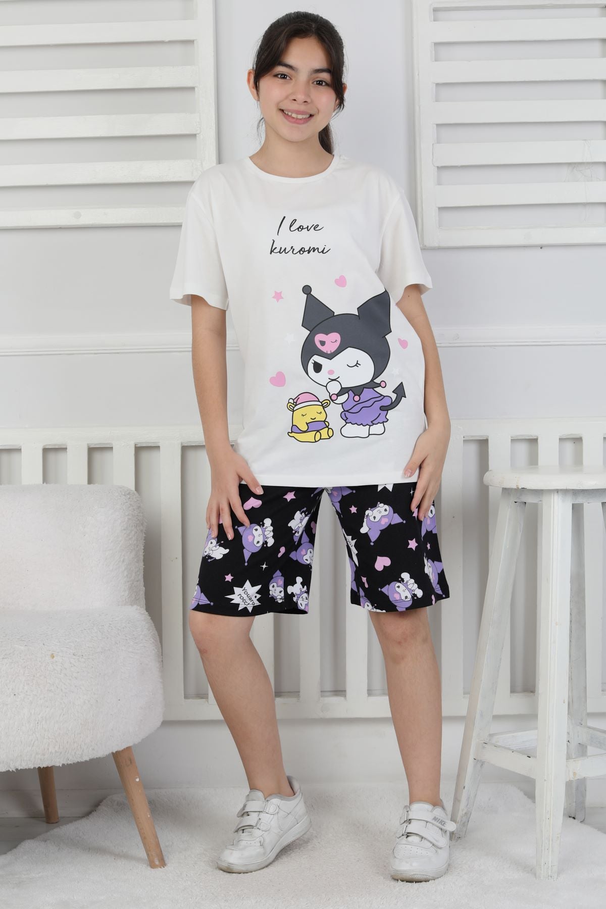 I Love Kuromi Baskılı Kısa Kollu Şort Pijama Takımı