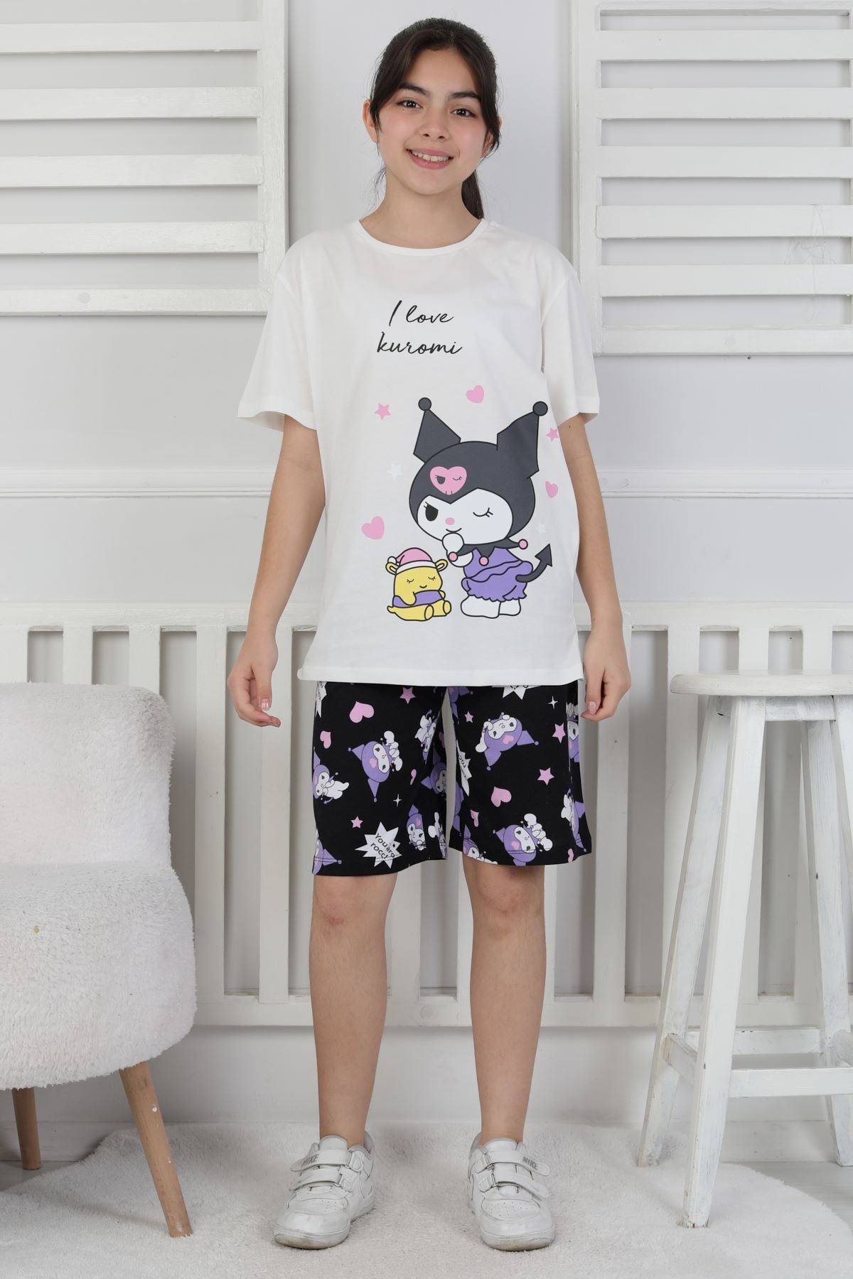I Love Kuromi Baskılı Kısa Kollu Şort Pijama Takımı