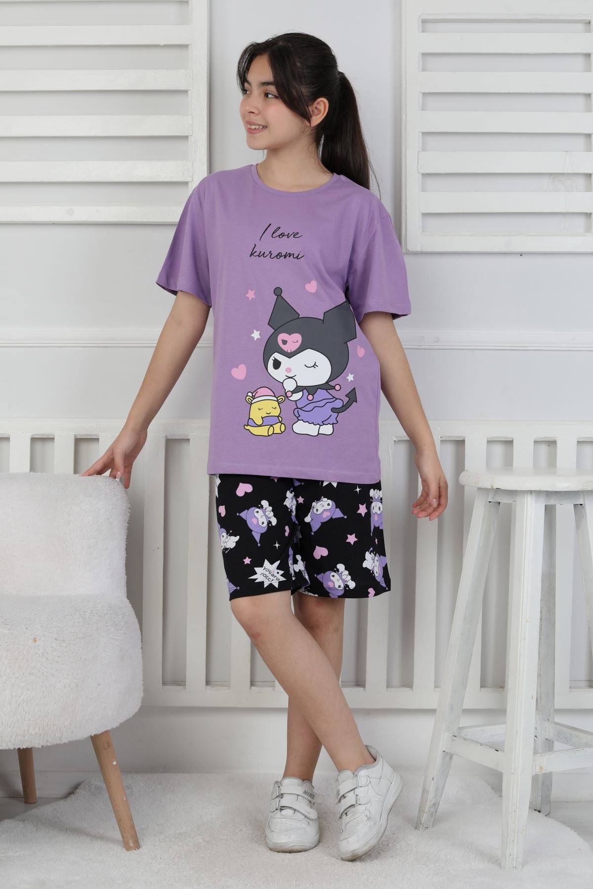 I Love Kuromi Baskılı Kısa Kollu Şort Pijama Takımı