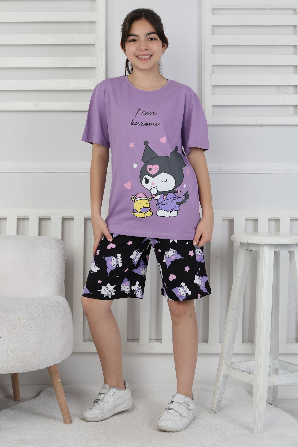 I Love Kuromi Baskılı Kısa Kollu Şort Pijama Takımı