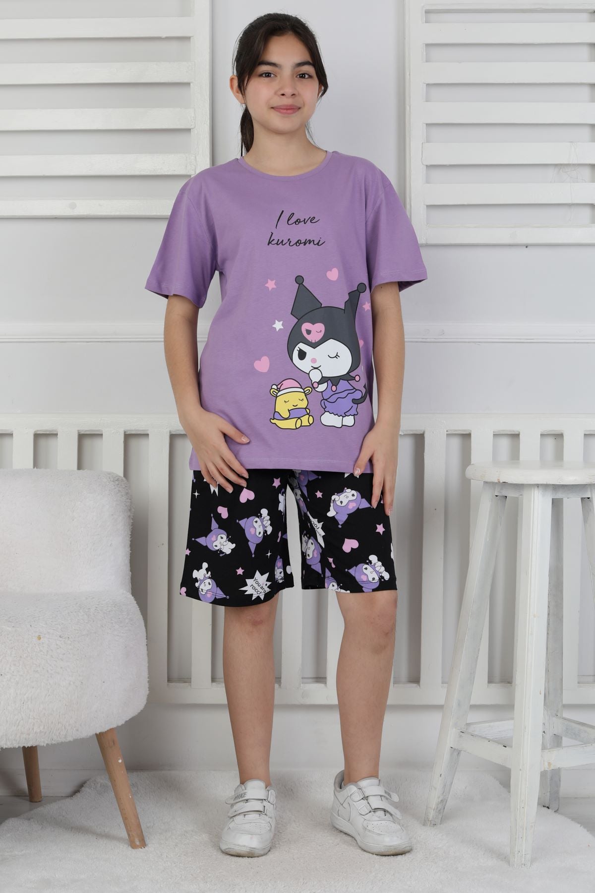 I Love Kuromi Baskılı Kısa Kollu Şort Pijama Takımı