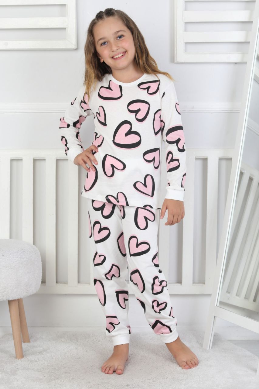 Kalp Desenli %100 Pamuk Kız Çocuk Pijama Takımı