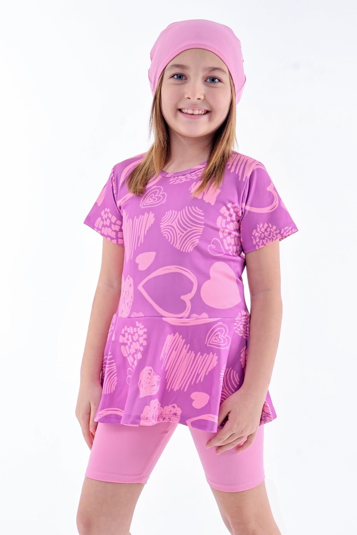 Kalp Desenli Mor Kız Çocuk Boneli Mayo Takımı