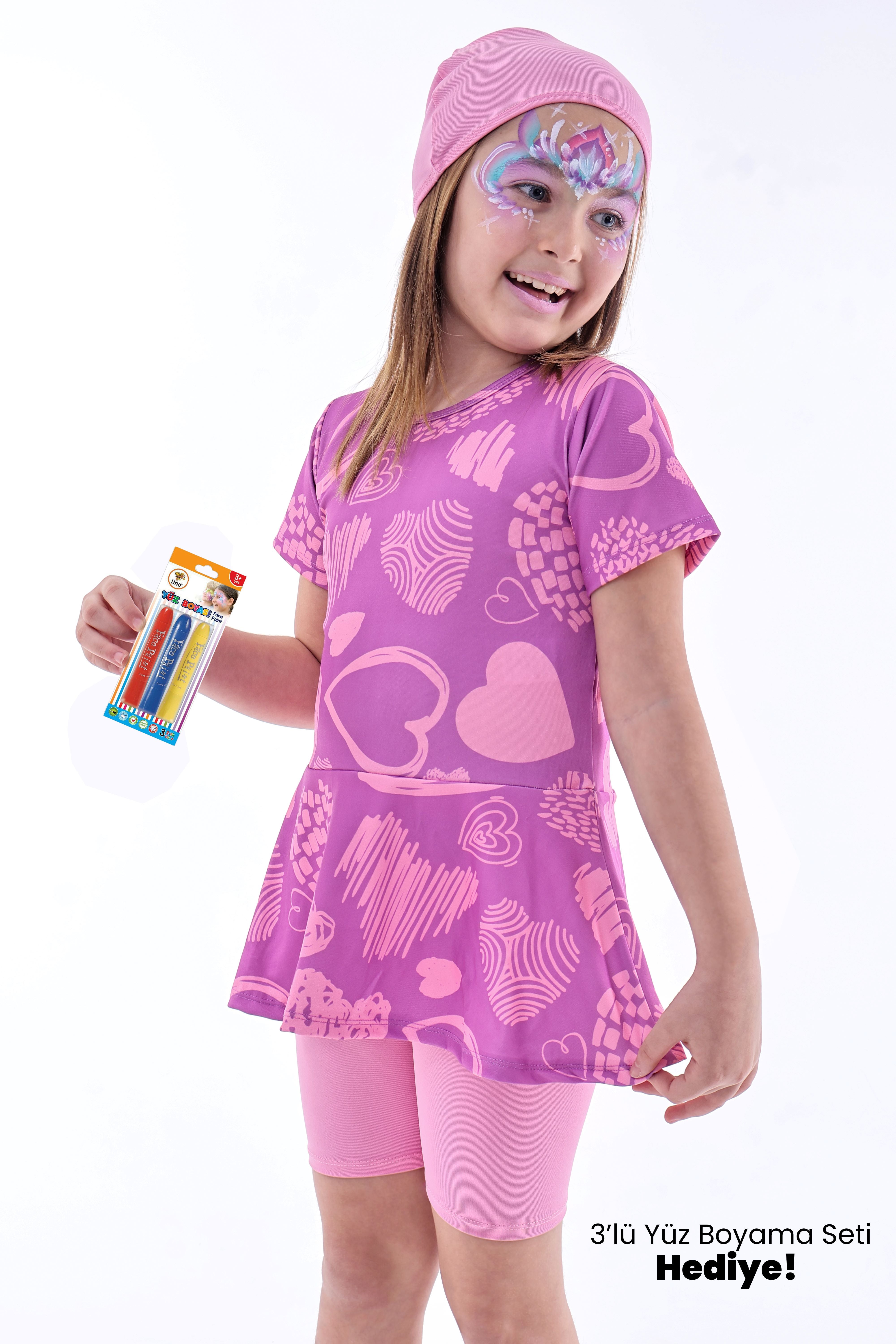 Kalp Desenli Mor Kız Çocuk Boneli Mayo Takımı