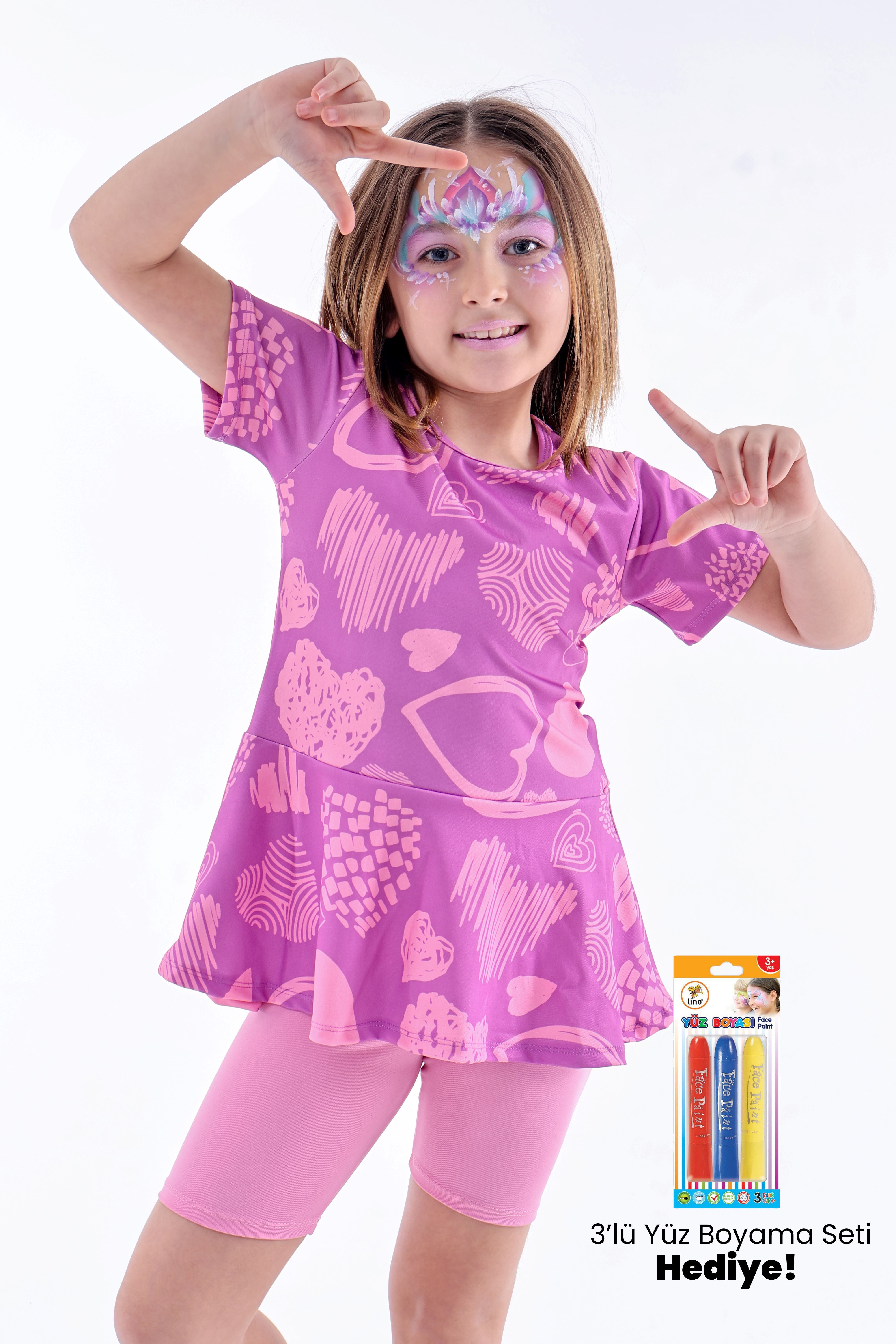 Kalp Desenli Mor Kız Çocuk Boneli Mayo Takımı