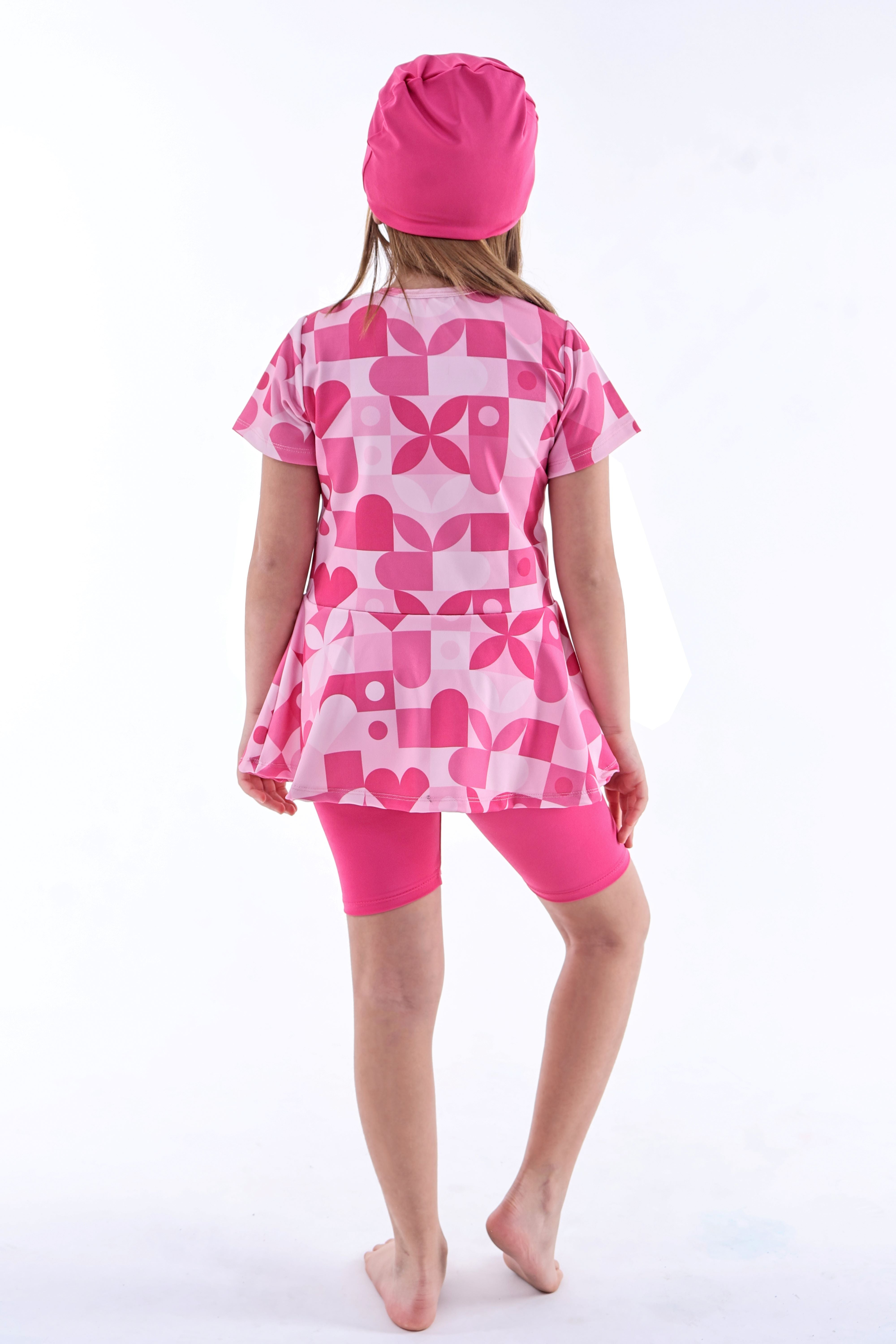 Kalp Desenli Pembe Kız Çocuk Boneli Mayo Takımı
