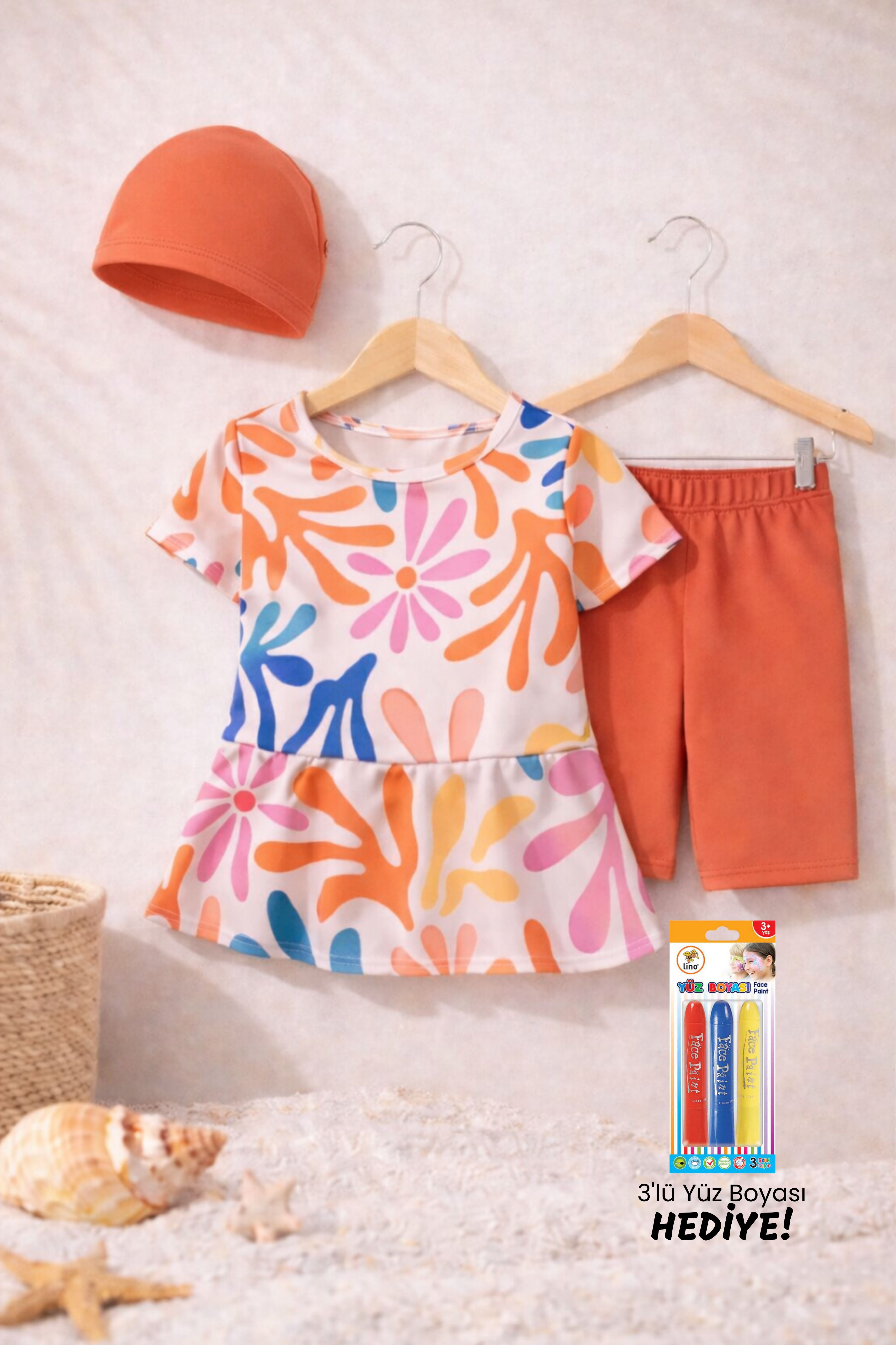 Kalp Desenli Turuncu Kız Çocuk Boneli Mayo Takımı