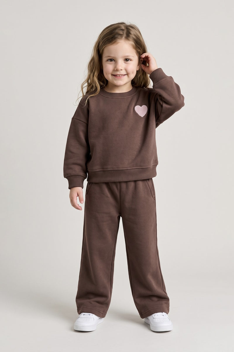 Kalp Nakış 3 İplik Fırçalı Kumaş Sweatshirt Eşofman Alt Üst Takım