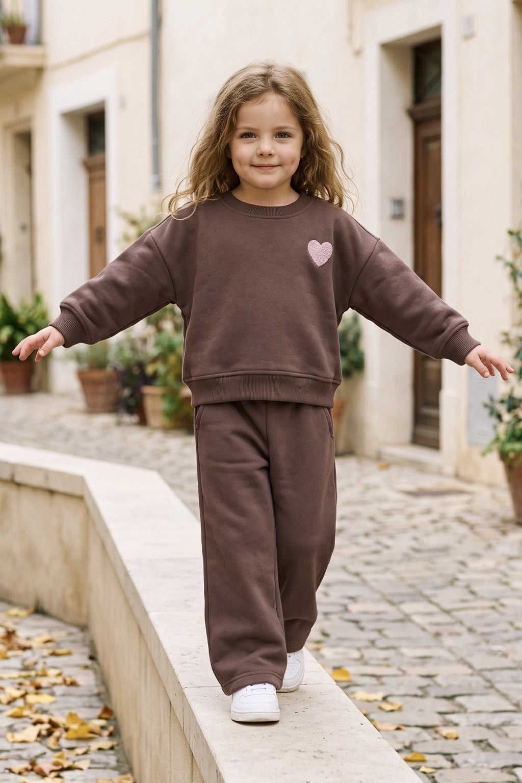 Kalp Nakış 3 İplik Fırçalı Kumaş Sweatshirt Eşofman Alt Üst Takım