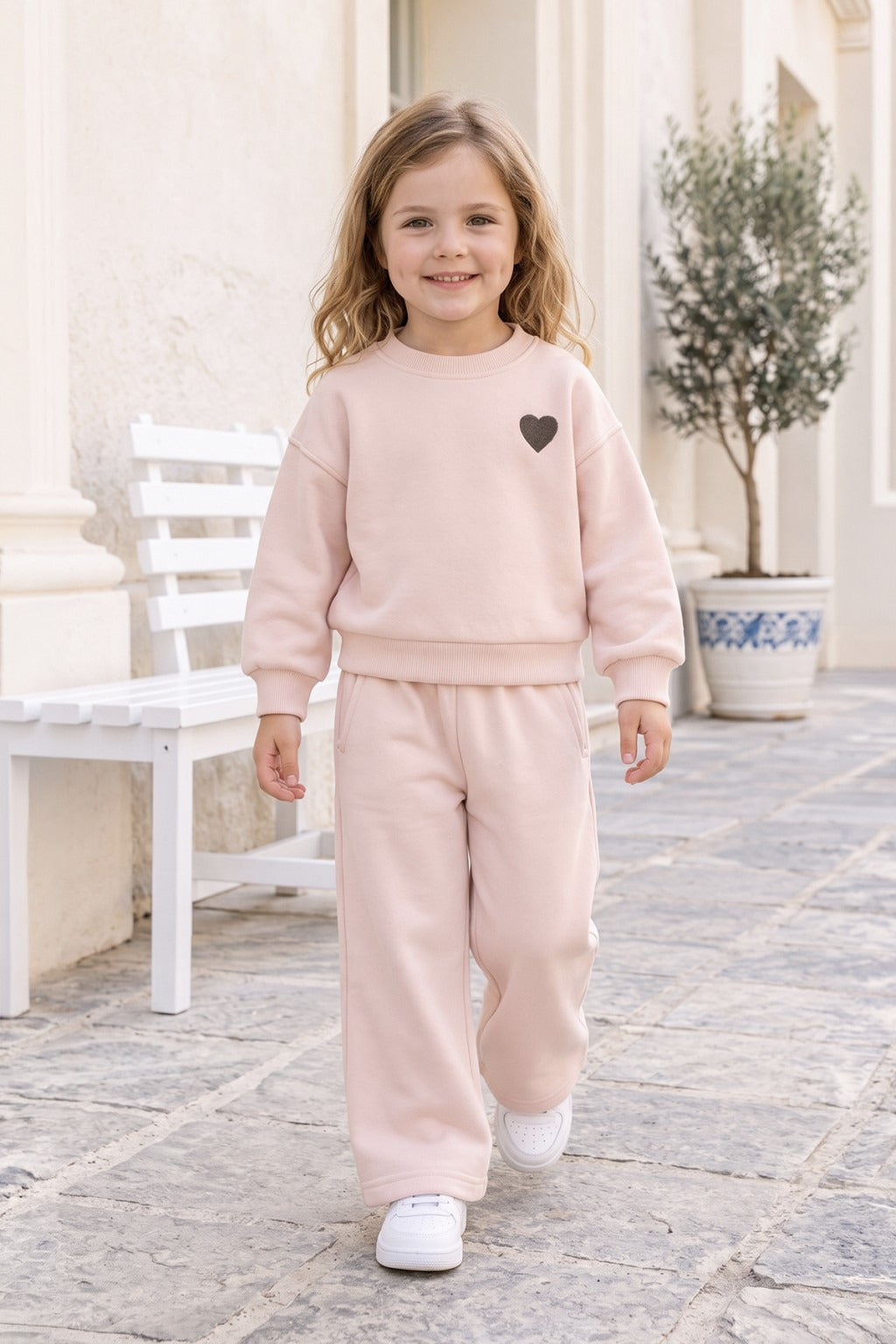 Kalp Nakış 3 İplik Fırçalı Kumaş Sweatshirt Eşofman Alt Üst Takım