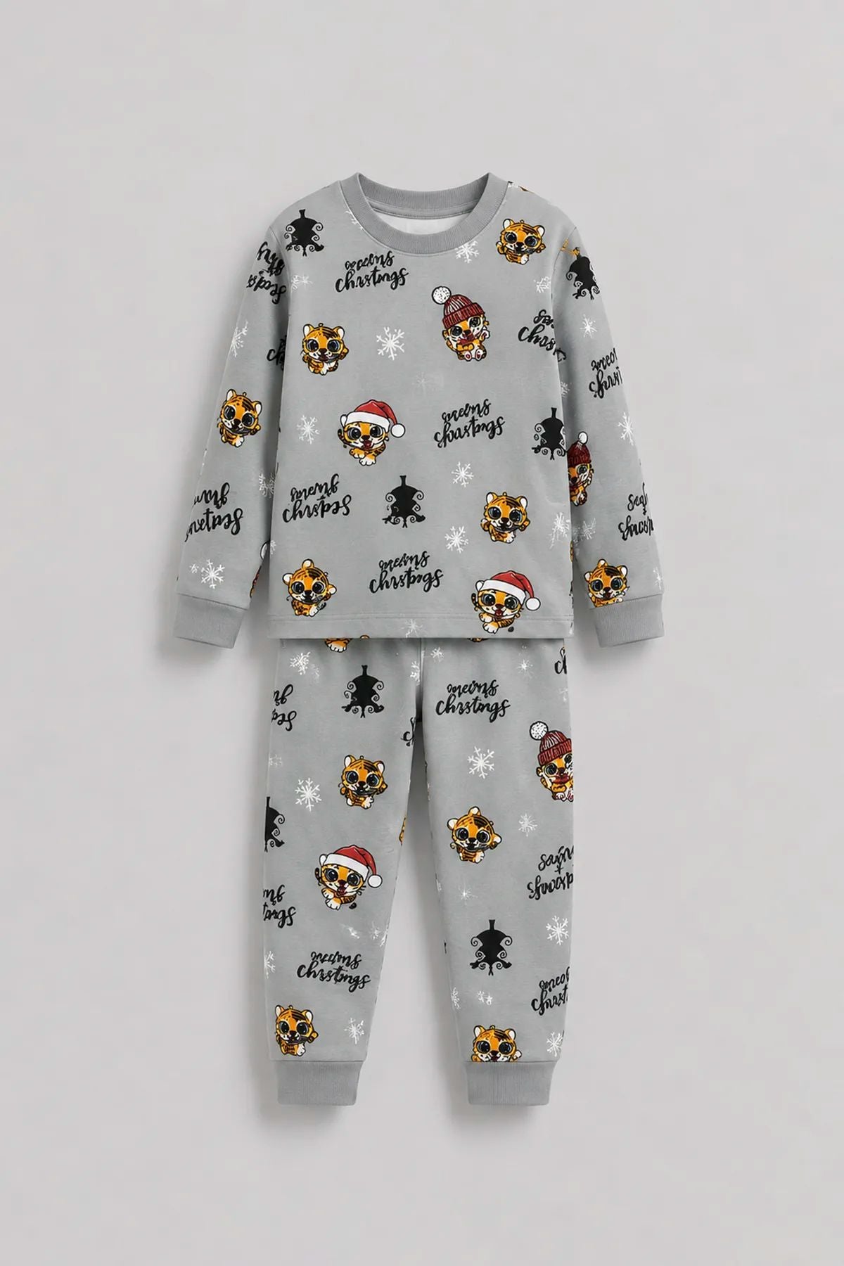 Kız Çocuk Yılbaşı Temalı Tiger Desenli Uzun Kollu Pijama Takımı