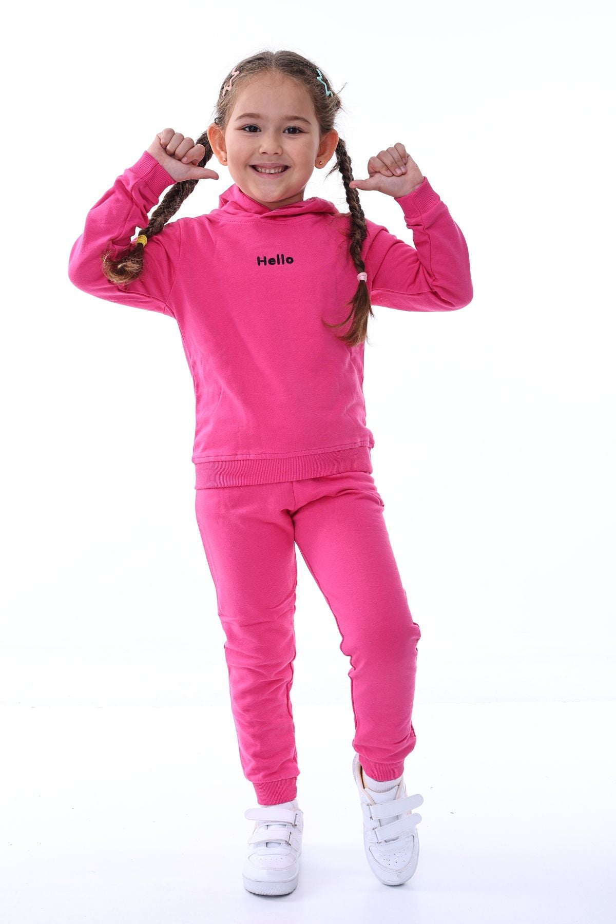 Kapüşonlu Hello Nakış Baskılı Basic Pembe Çocuk Eşofman Takımı