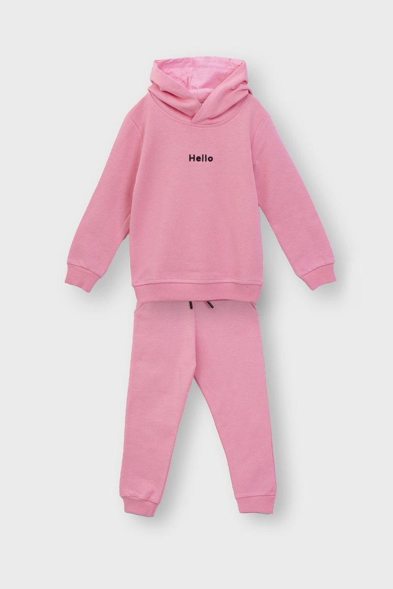 Kapüşonlu Hello Nakış Baskılı Basic Pembe Çocuk Eşofman Takımı
