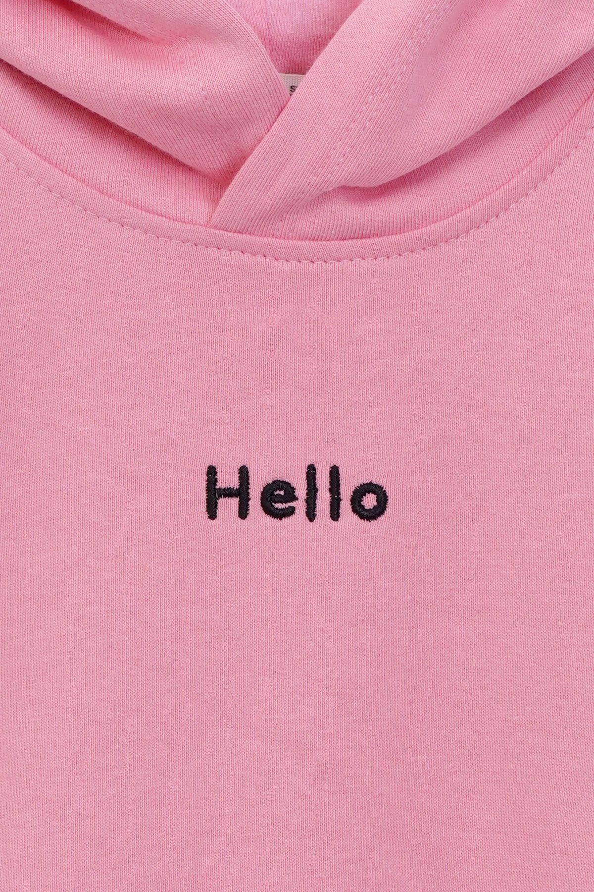 Kapüşonlu Hello Nakış Baskılı Basic Pembe Çocuk Eşofman Takımı
