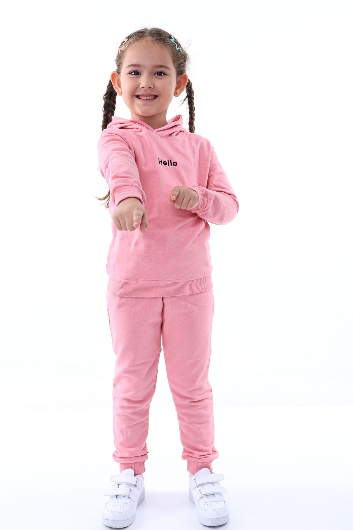 Kapüşonlu Hello Nakış Baskılı Basic Pembe Çocuk Eşofman Takımı