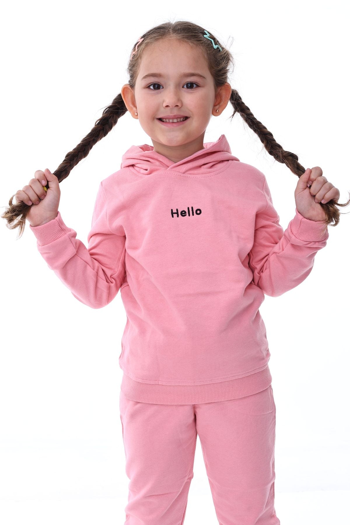 Kapüşonlu Hello Nakış Baskılı Basic Pembe Çocuk Eşofman Takımı