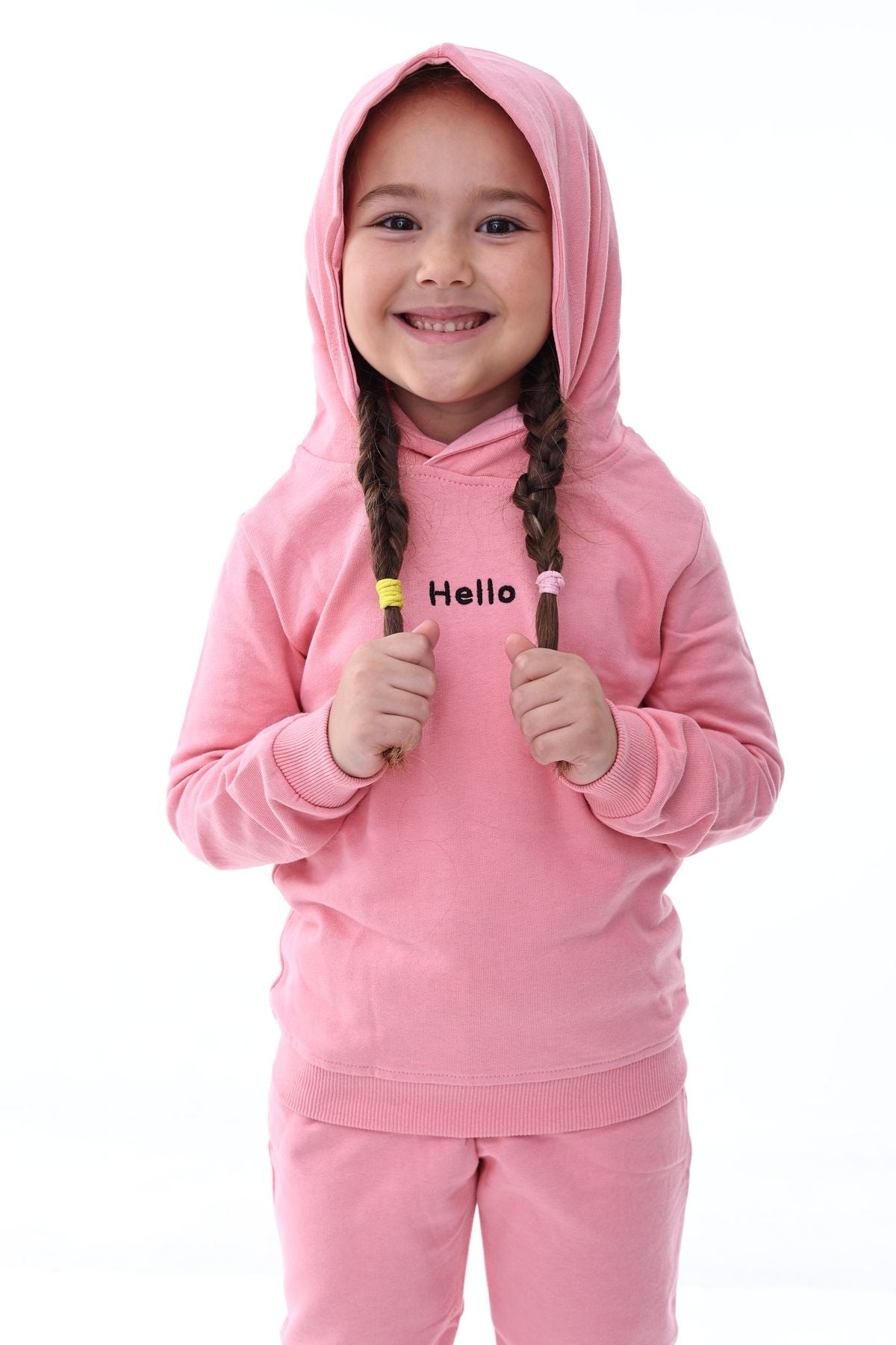 Kapüşonlu Hello Nakış Baskılı Basic Pembe Çocuk Eşofman Takımı