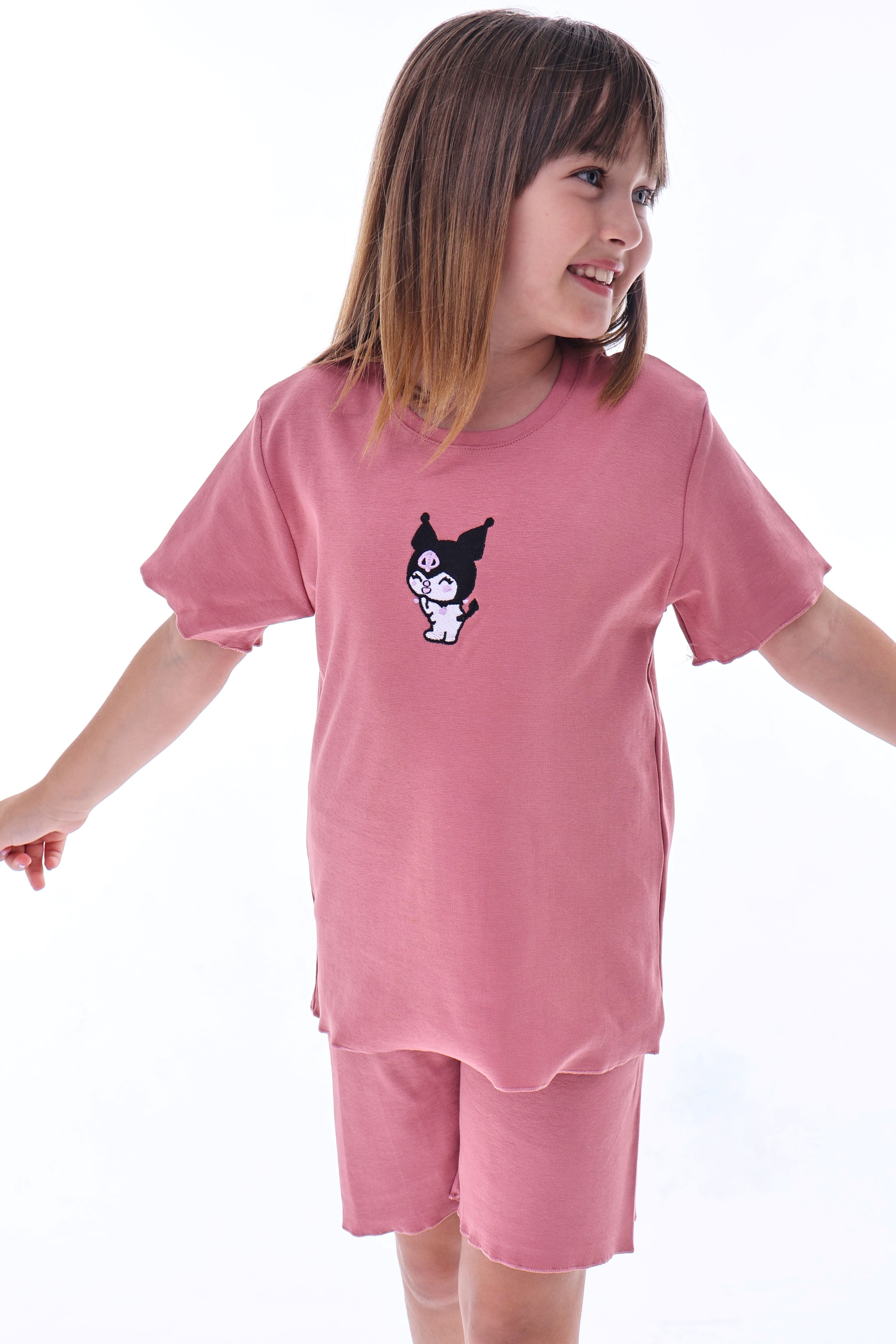 Ribana Beybi Overlok Detaylı Kuromi Nakışlı Alt-Üst Takım