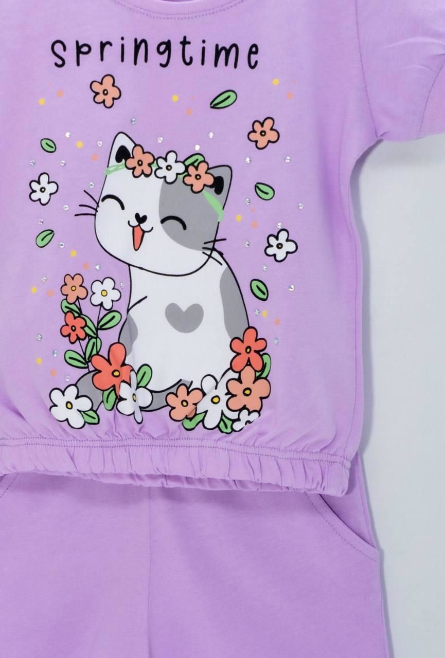Kedi Baskılı Sevimli Kız Bebek Kolu Lstikli Alt-Üst ŞortTakım