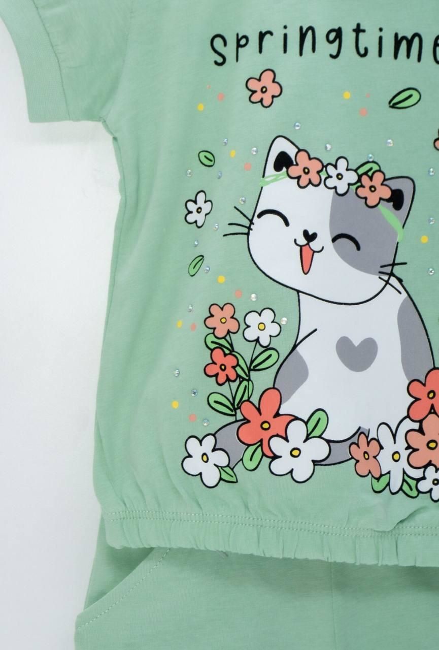 Kedi Baskılı Sevimli Kız Bebek Kolu Lstikli Alt-Üst ŞortTakım
