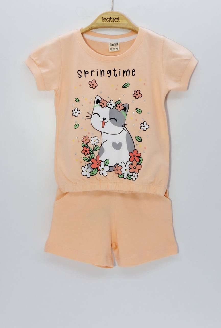 Kedi Baskılı Sevimli Kız Bebek Kolu Lstikli Alt-Üst ŞortTakım