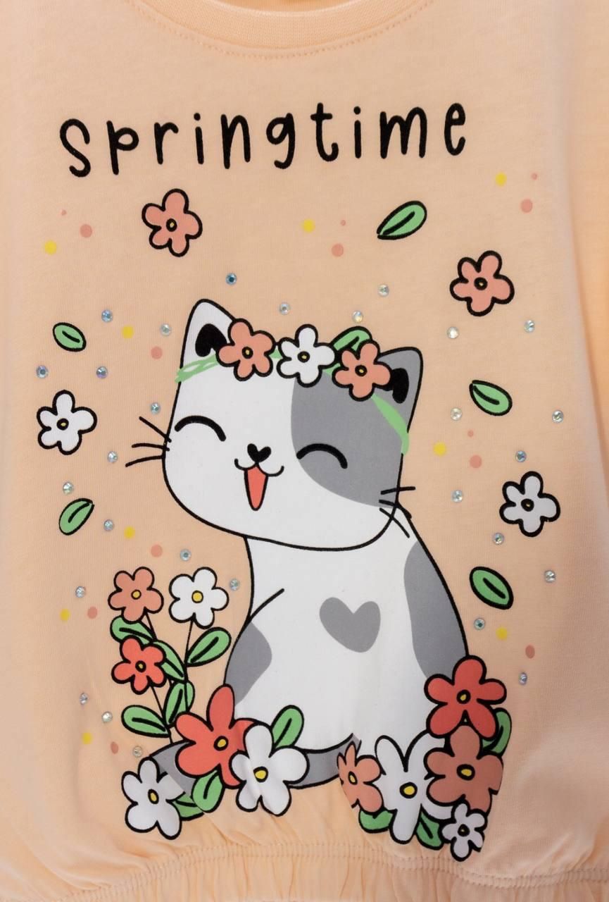 Kedi Baskılı Sevimli Kız Bebek Kolu Lstikli Alt-Üst ŞortTakım