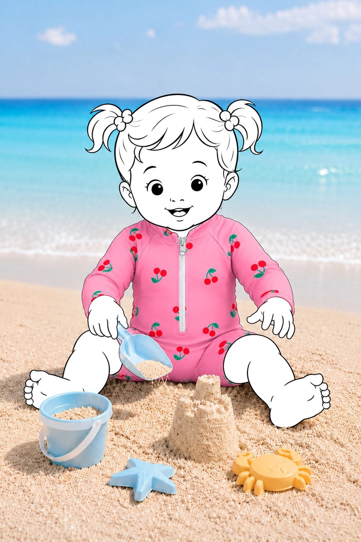 Kiraz Desenli Kız Bebek Uzun Kollu Fermuarlı Tulum Mayo