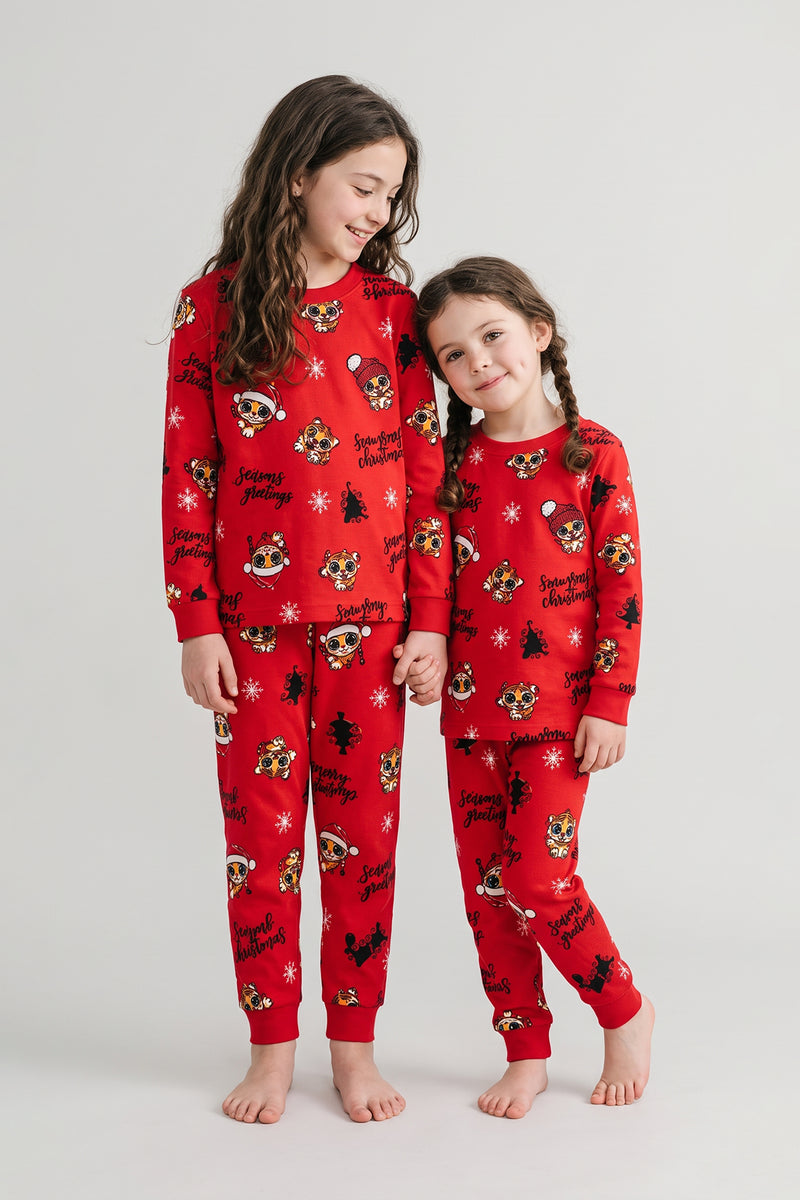 Kız Çocuk Yılbaşı Temalı Tiger Desenli Uzun Kollu Pijama Takımı