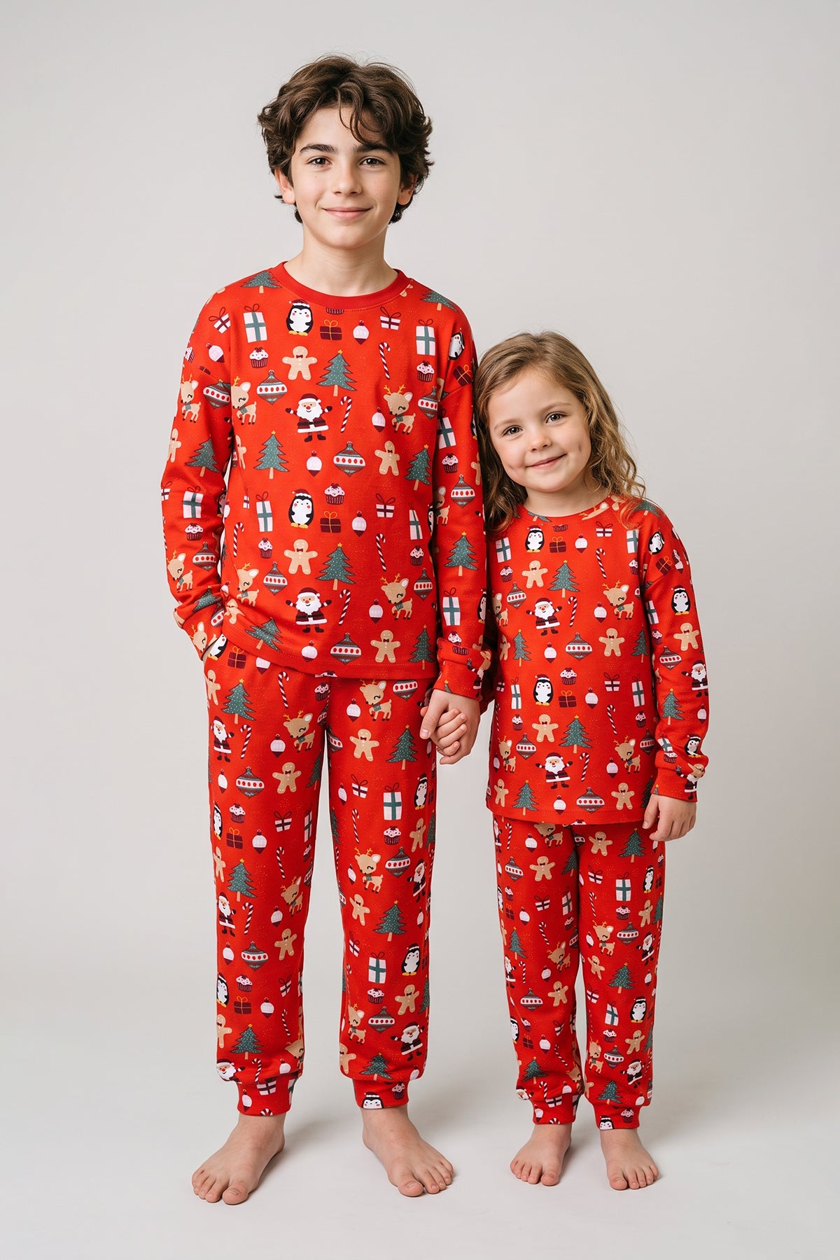 Sevimli Kardan Adam-Penguen Desenli %100 Pamuk Unisex Çocuk Pijama Takımı