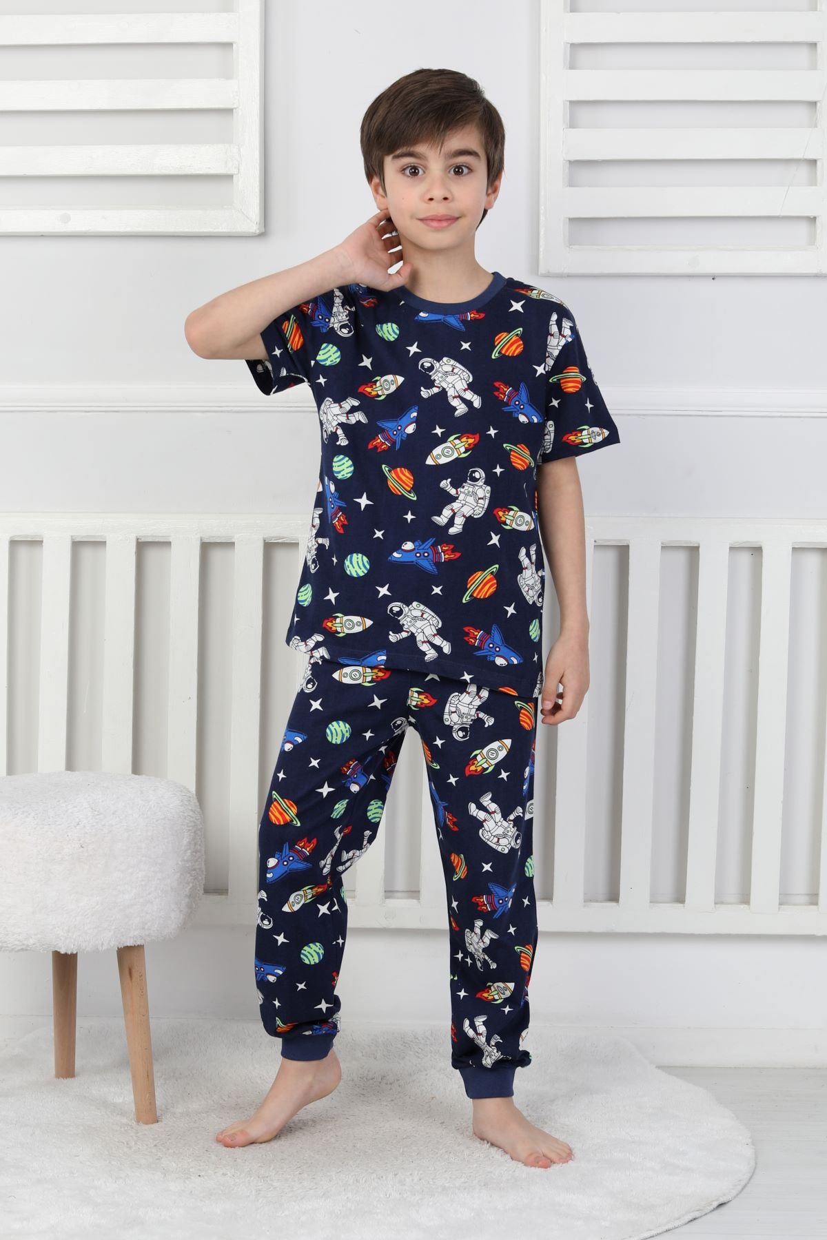 Kısa Kollu Astranot Temalı %100 Pamuk Erkek Çocuk Pijama Takımı