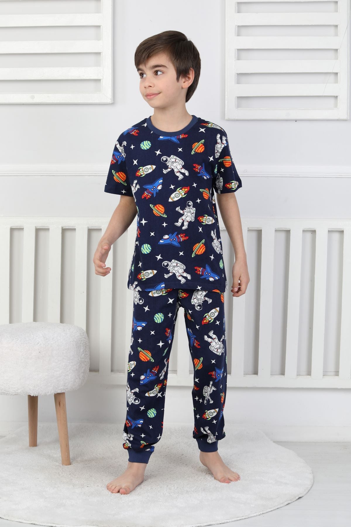 Kısa Kollu Astranot Temalı %100 Pamuk Erkek Çocuk Pijama Takımı