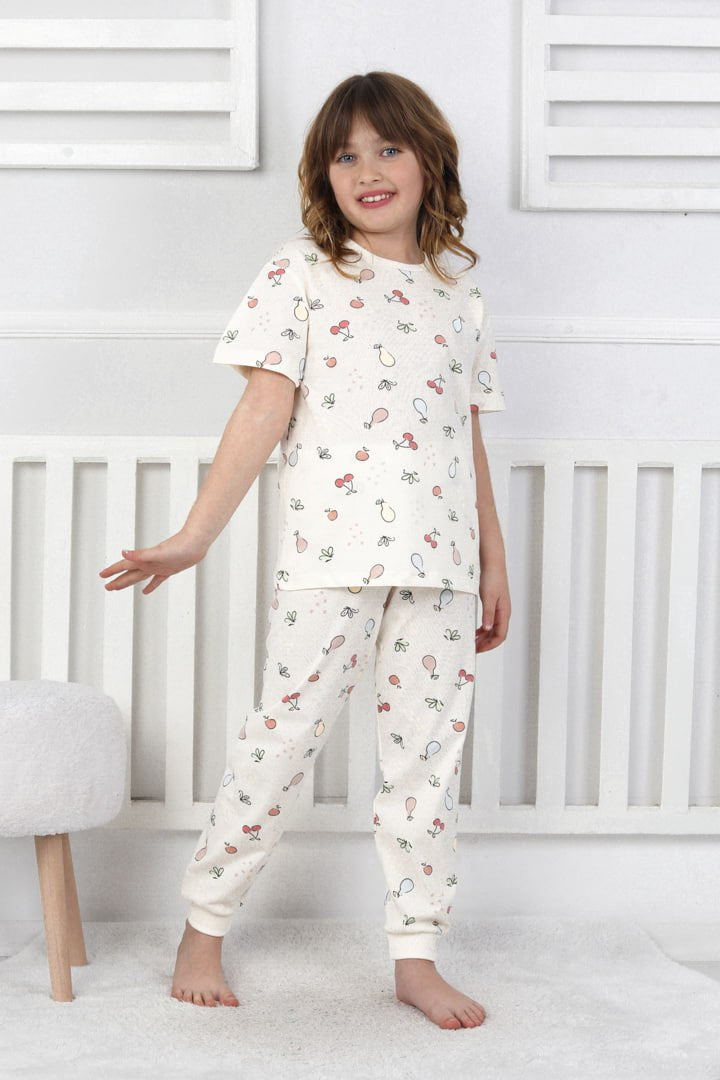 Kısa Kollu Meyve Desenli Kız Çocuk Pijama Takımı