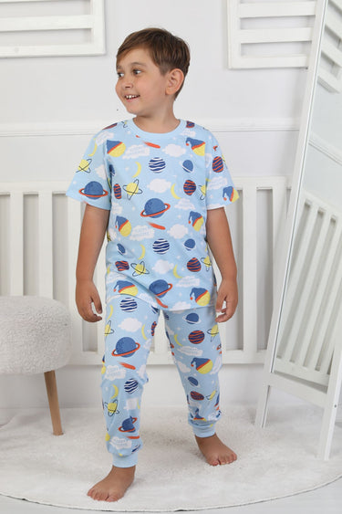 Kısa Kollu Planet Pattern Erkek Çocuk Pijama Takımı